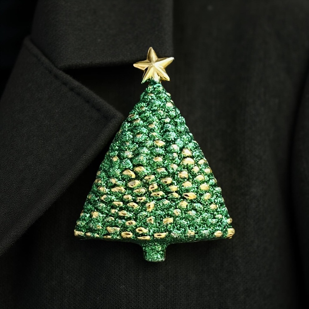 Festive Green and Gold Christmas Tree Brooch